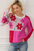 Rose Red Floral Mixed Color Block Sweater